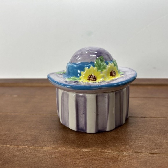 Sun Hat Garden Jewelry Trinket Box Yellow Sun Flowers Purple White Stripes - Picture 3 of 6